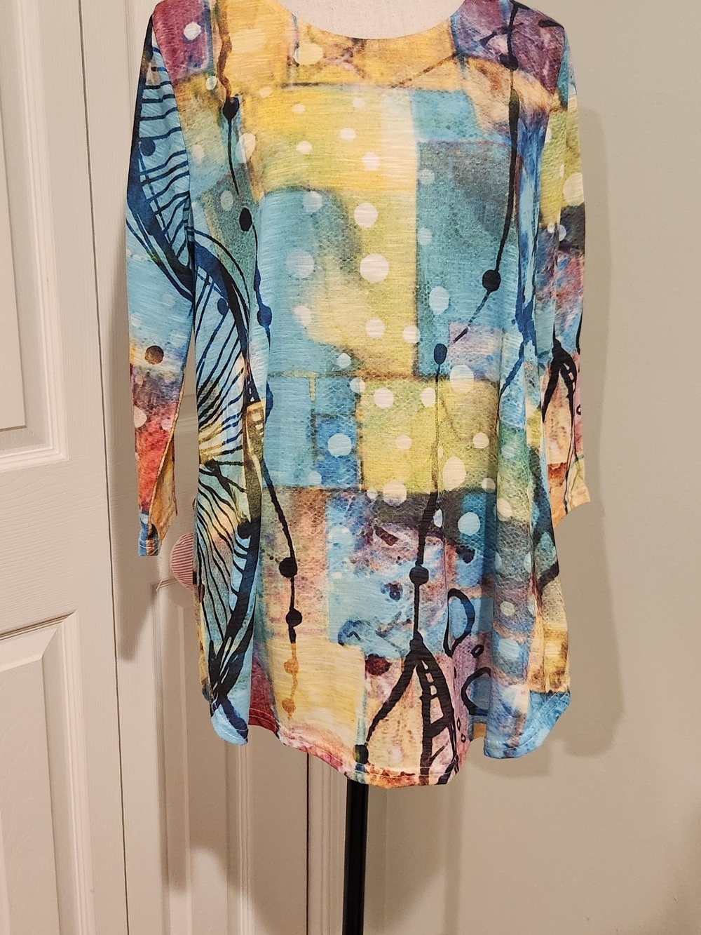 Abstract Multi-Color Scoop Neck Women's Blouse — Blue & Yellow Print - Picture 1 of 4